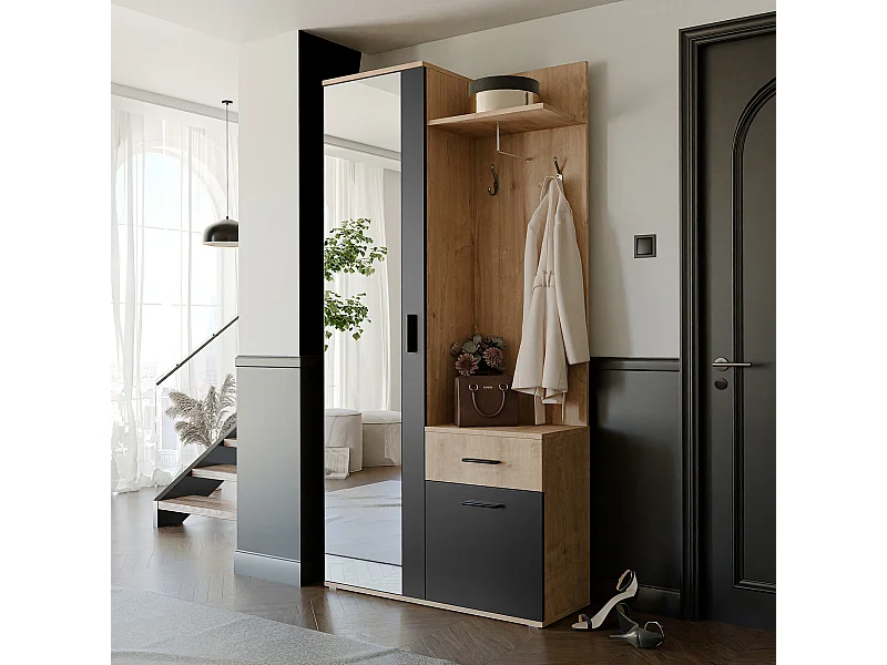 Vestiaire avec 3 portes, 1 tiroir et 1 miroir – Naturel et noir