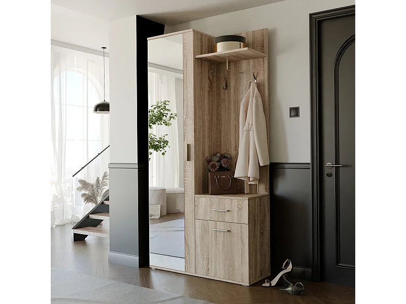 Vestiaire avec 3 portes, 1 tiroir et 1 miroir - Naturel