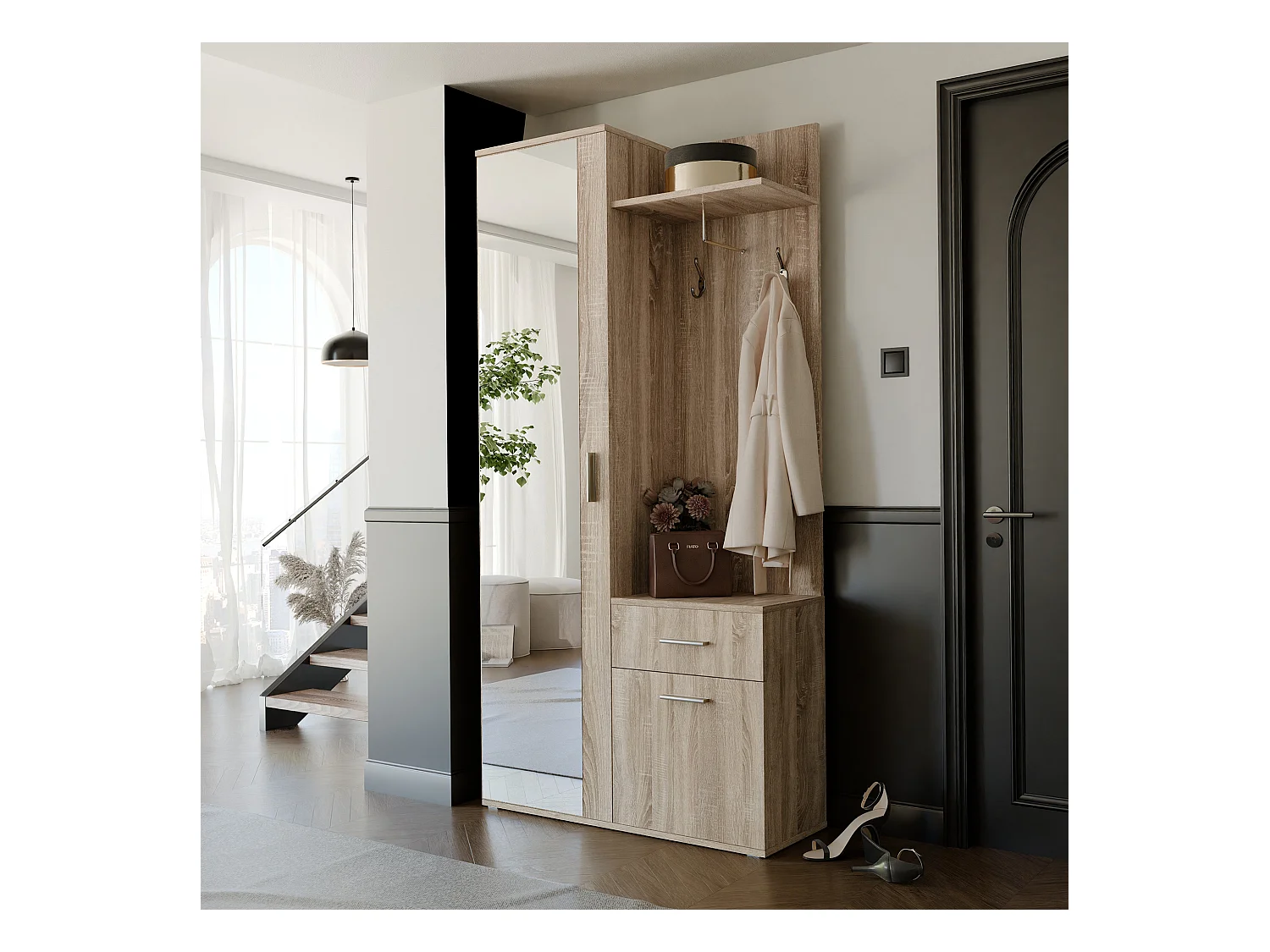 Vestiaire avec 3 portes, 1 tiroir et 1 miroir - Naturel