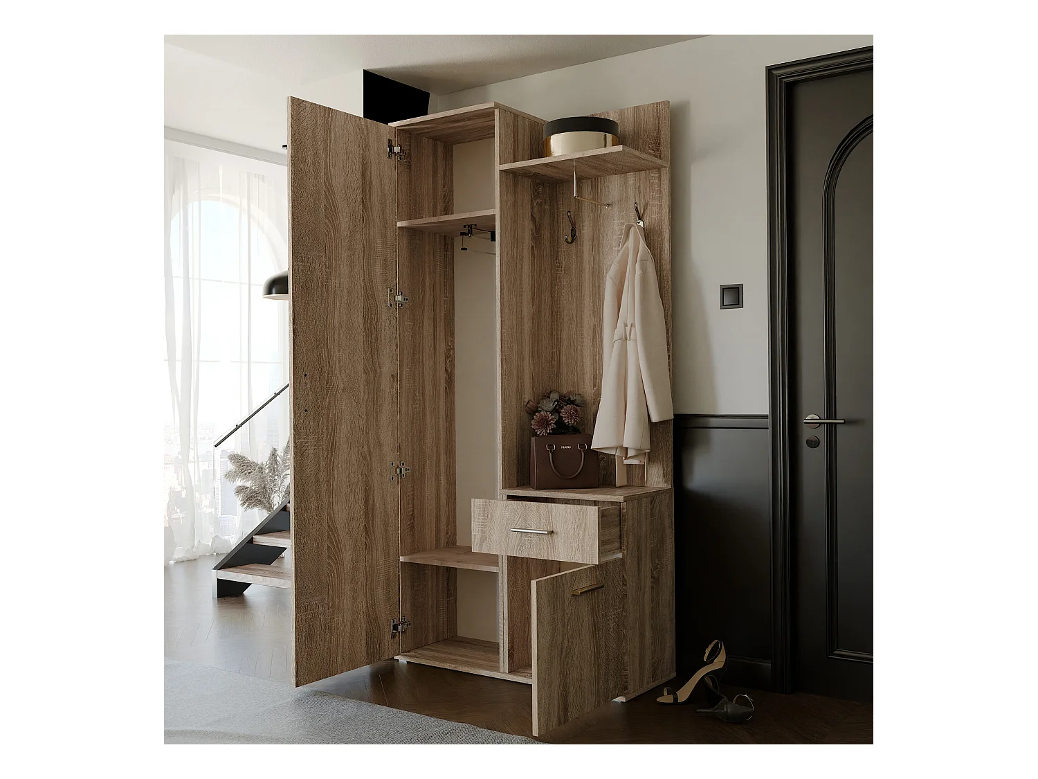 Vestiaire avec 3 portes, 1 tiroir et 1 miroir - Naturel