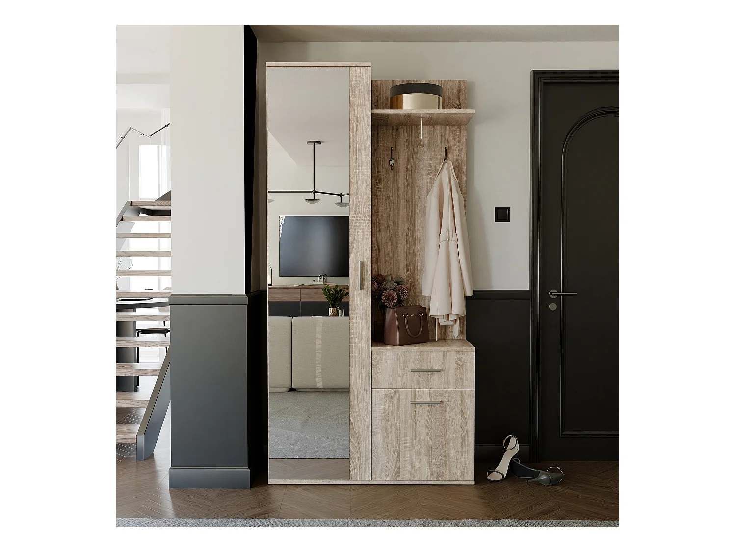 Vestiaire avec 3 portes, 1 tiroir et 1 miroir - Naturel