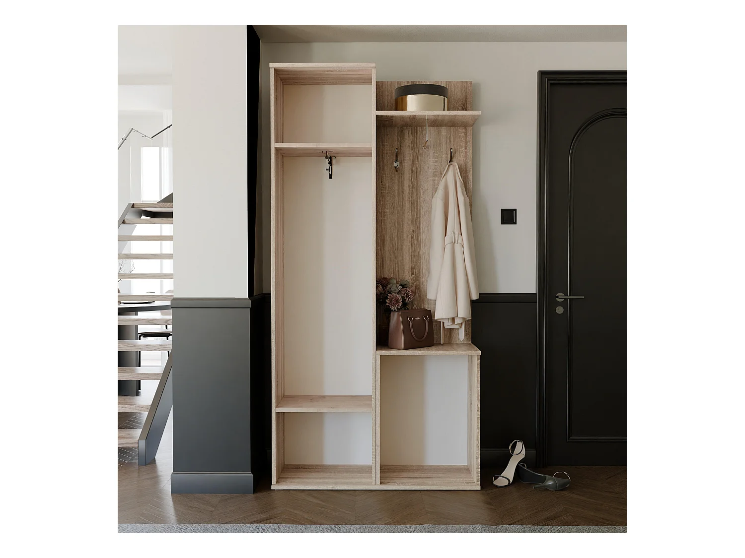 Vestiaire avec 3 portes, 1 tiroir et 1 miroir - Naturel