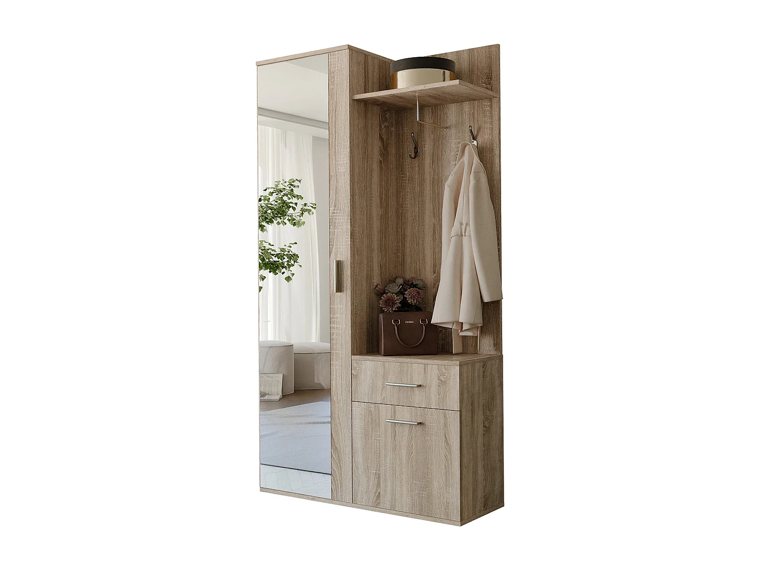 Vestiaire avec 3 portes, 1 tiroir et 1 miroir - Naturel