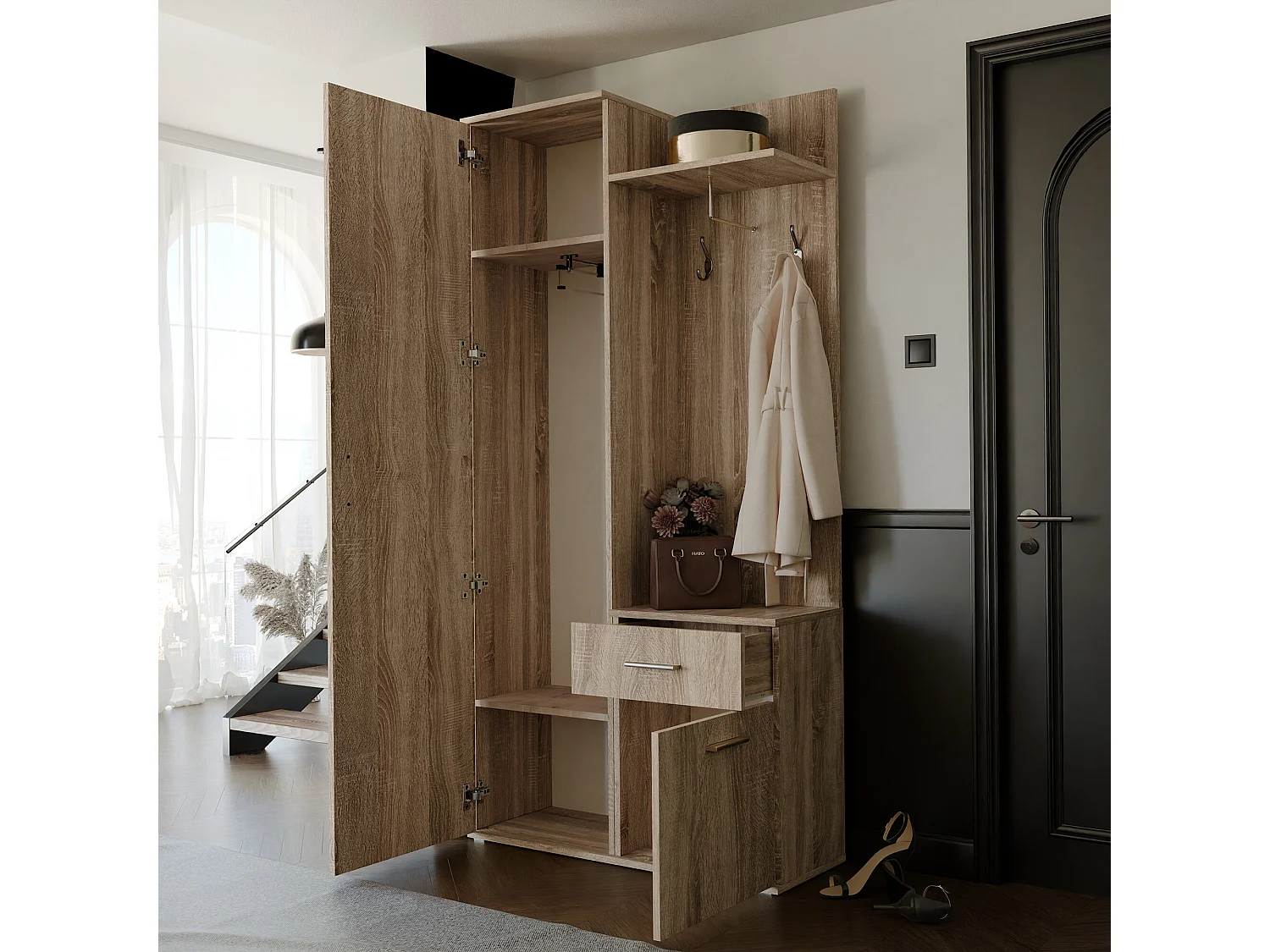 Vestiaire avec 3 portes, 1 tiroir et 1 miroir - Naturel