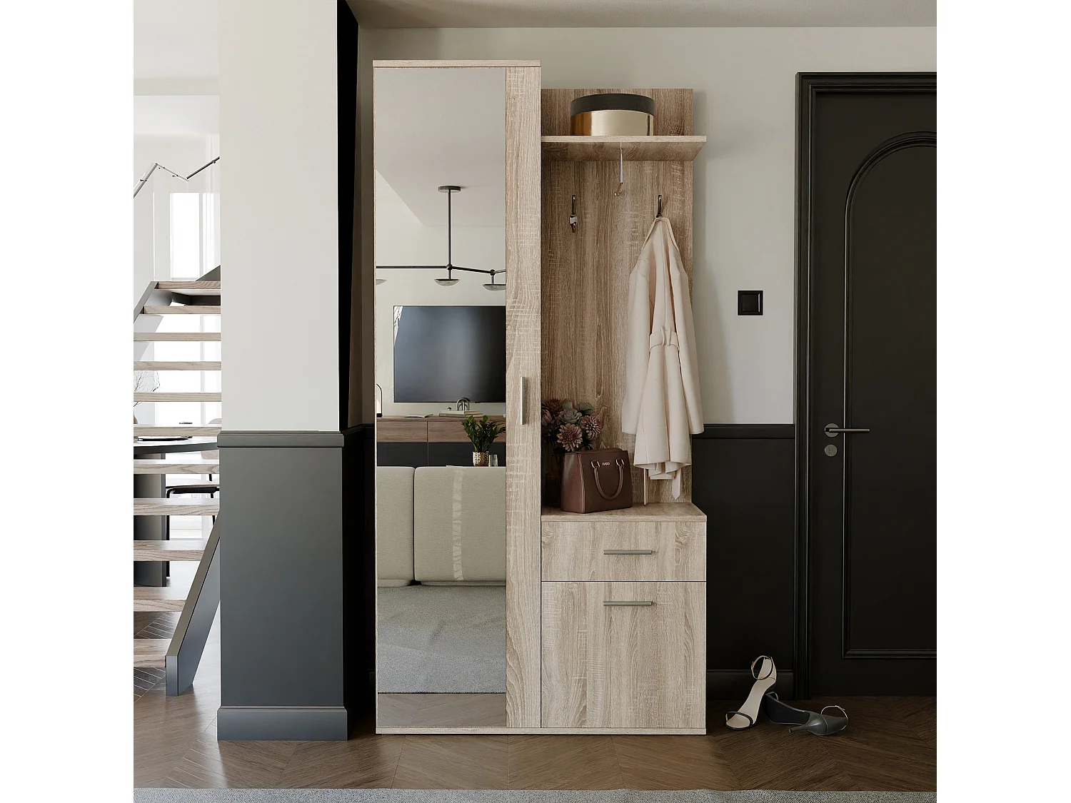 Vestiaire avec 3 portes, 1 tiroir et 1 miroir - Naturel