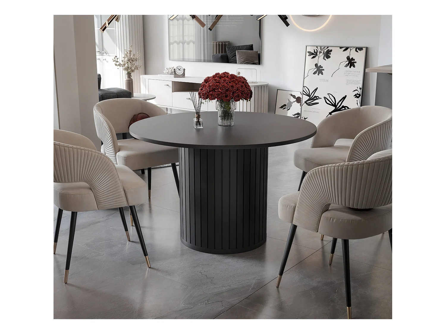 Table à manger ronde SENTO - 4 personnes, MDF Noir