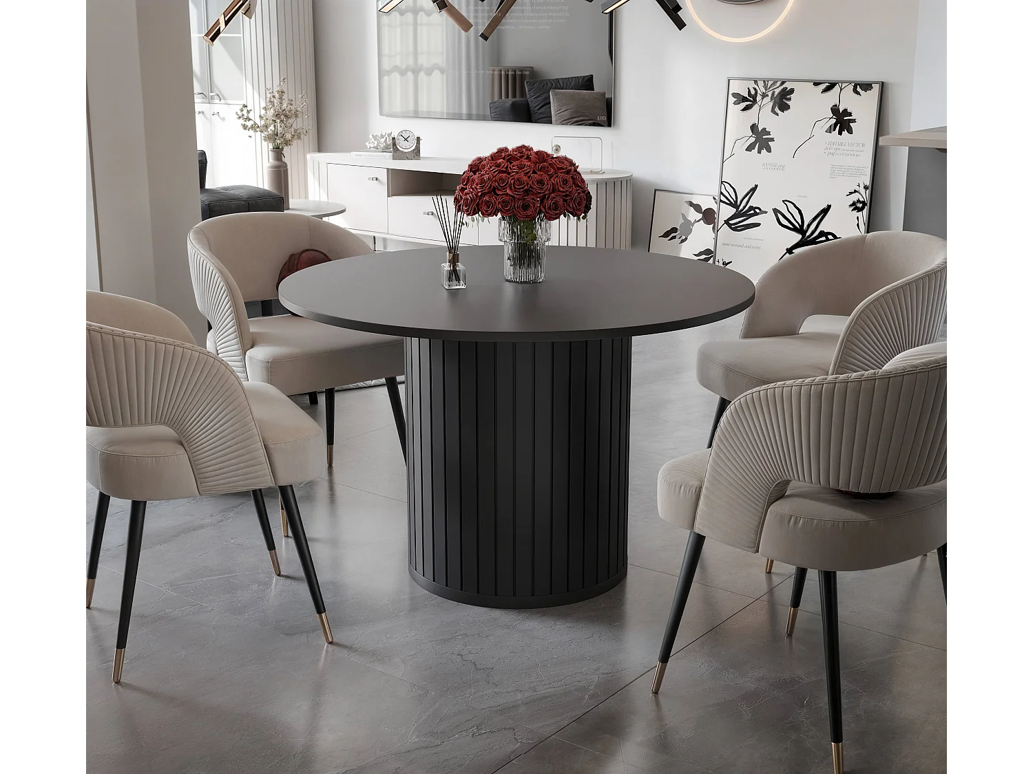 Table à manger ronde SENTO - 4 personnes, MDF Noir