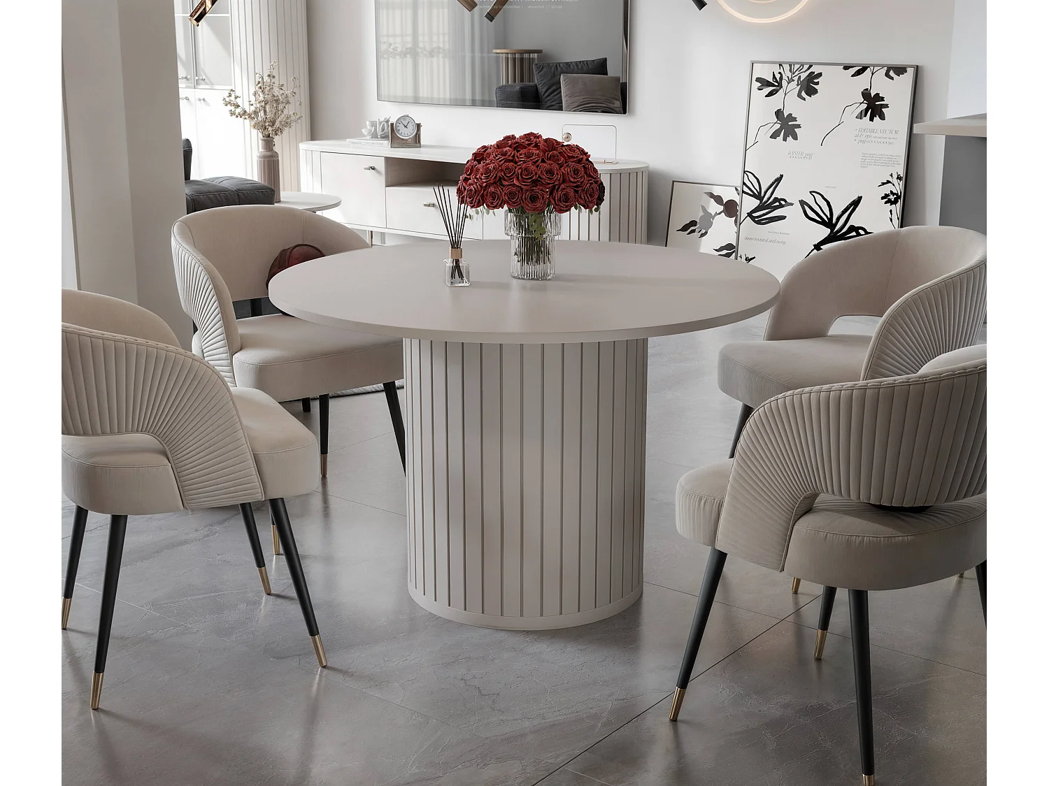 Table à manger ronde SENTO - 4 personnes, MDF Crème