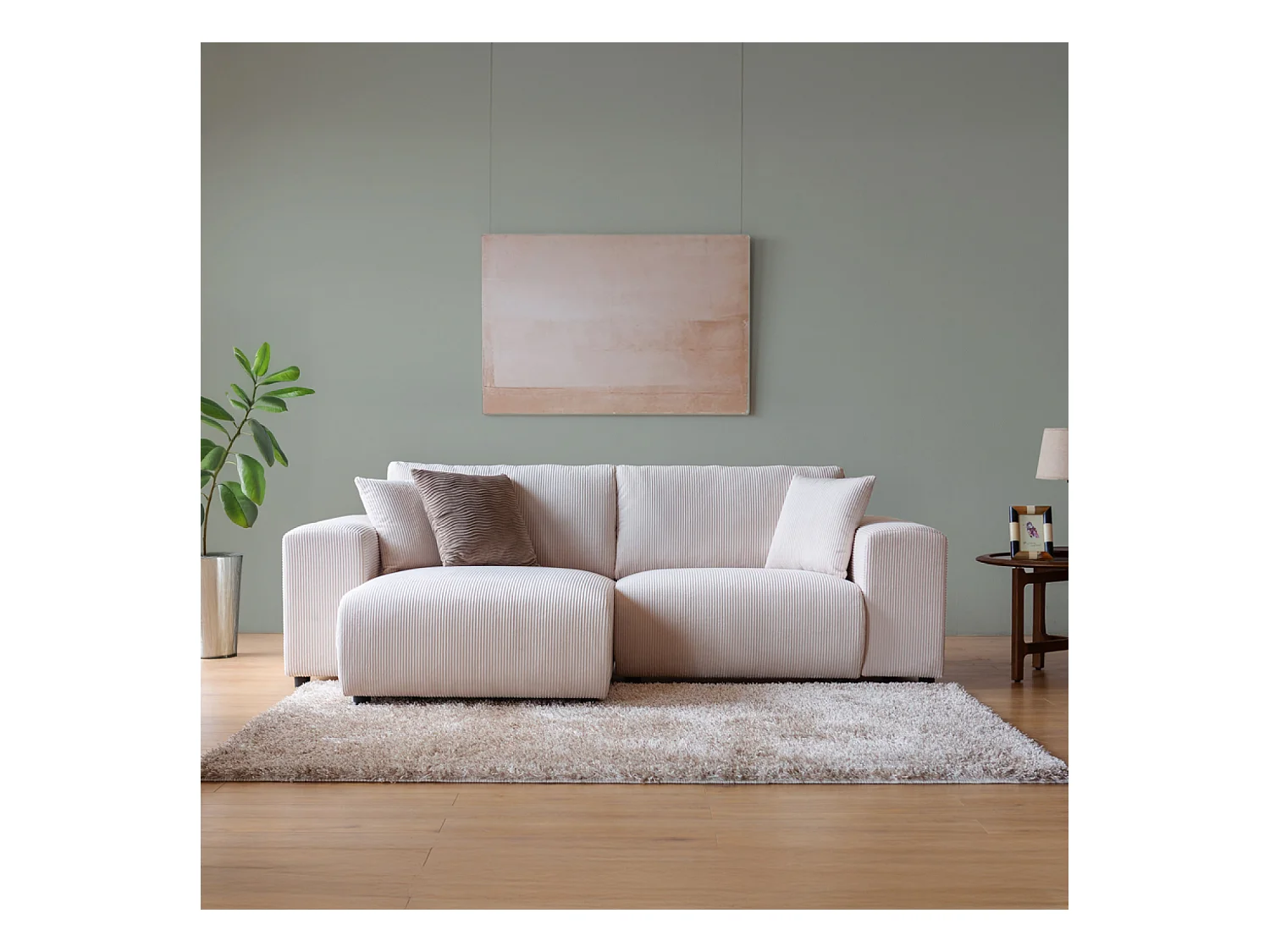 Canapé d'angle modulable 3 places en velours côtelé beige ABERDEEN