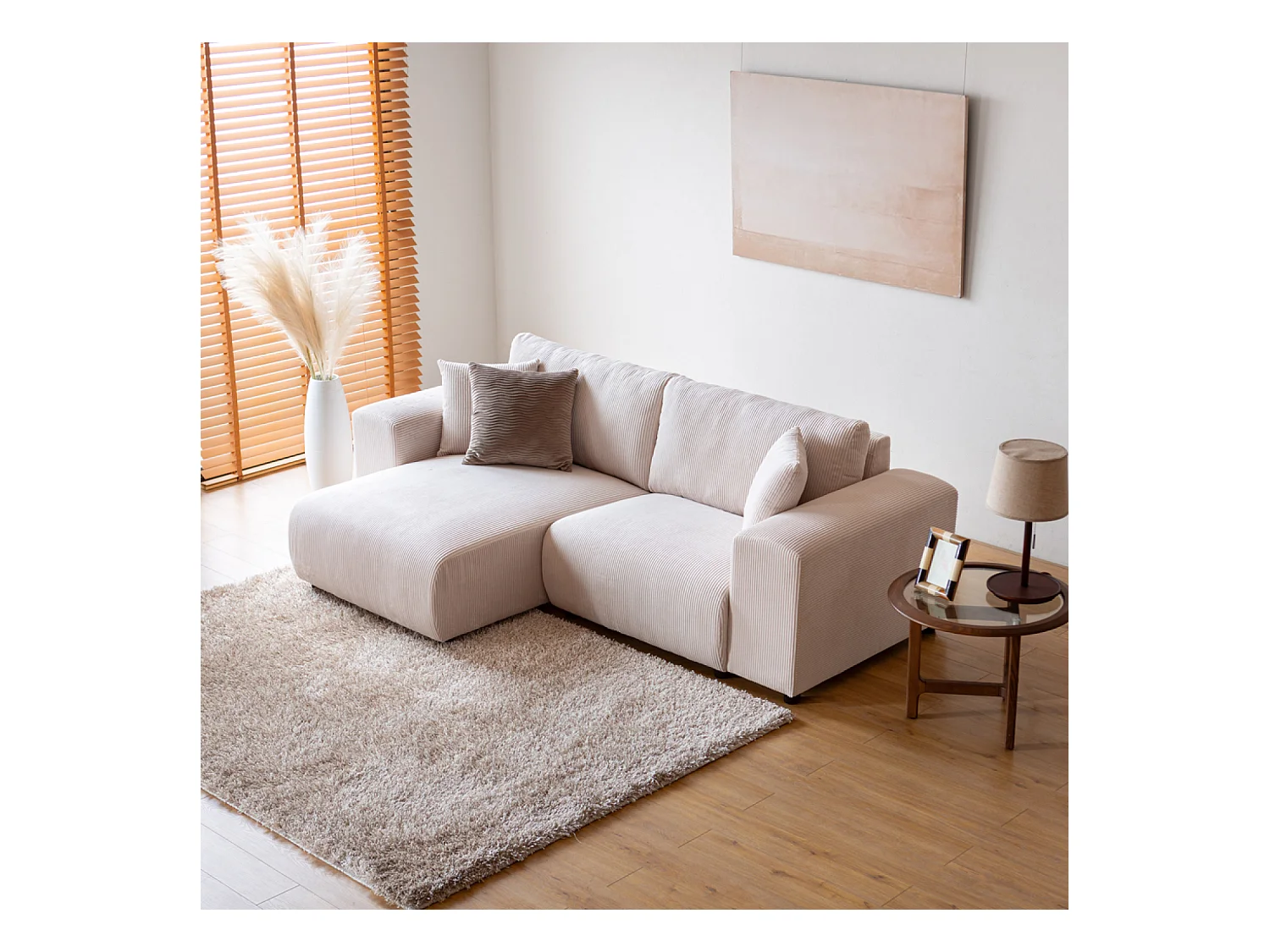 Canapé d'angle modulable 3 places en velours côtelé beige ABERDEEN