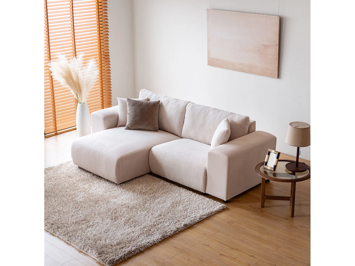 Canapé d'angle modulable 3 places en velours côtelé beige ABERDEEN