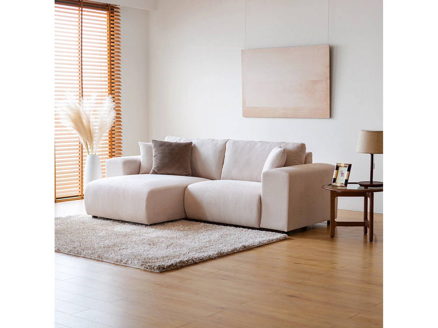 Canapé d'angle modulable 3 places en velours côtelé beige ABERDEEN