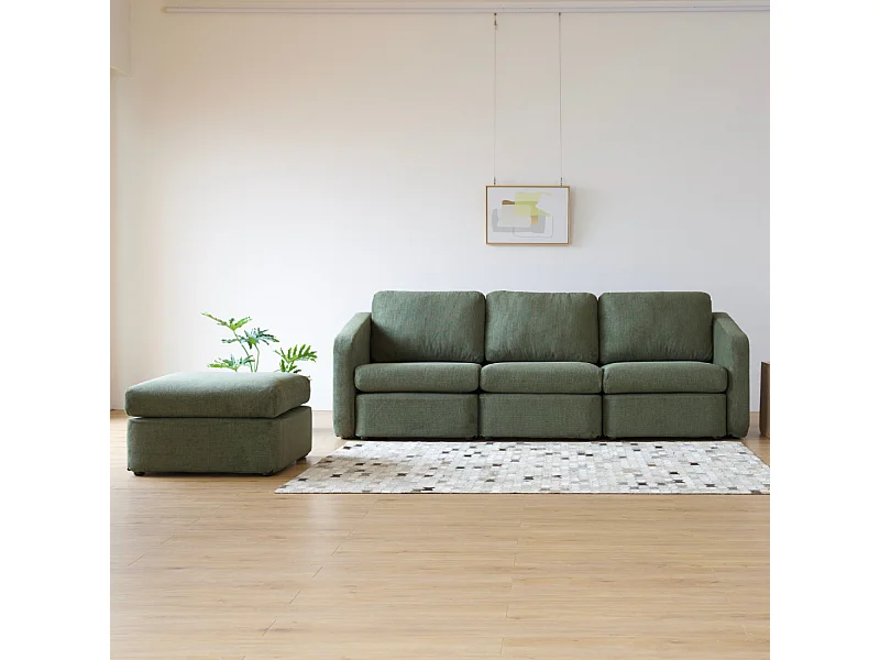 Sofá Modular de 3 Lugares Verde com Pufe em Tecido FlexiWave - Confortável e Elegante