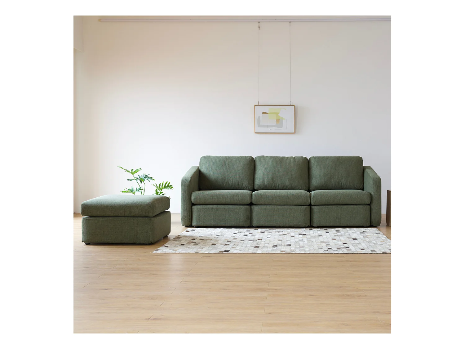 Sofá Modular de 3 Lugares Verde com Pufe em Tecido FlexiWave - Confortável e Elegante