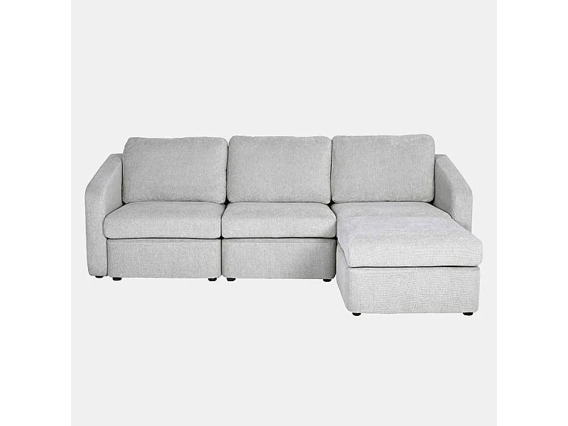 Sofá Modular de 3 Lugares Cinza Claro com Pufe - Design Equilibrado, Tecido de Alto Desempenho FlexiPet - Estrutura em Madeira Maciça