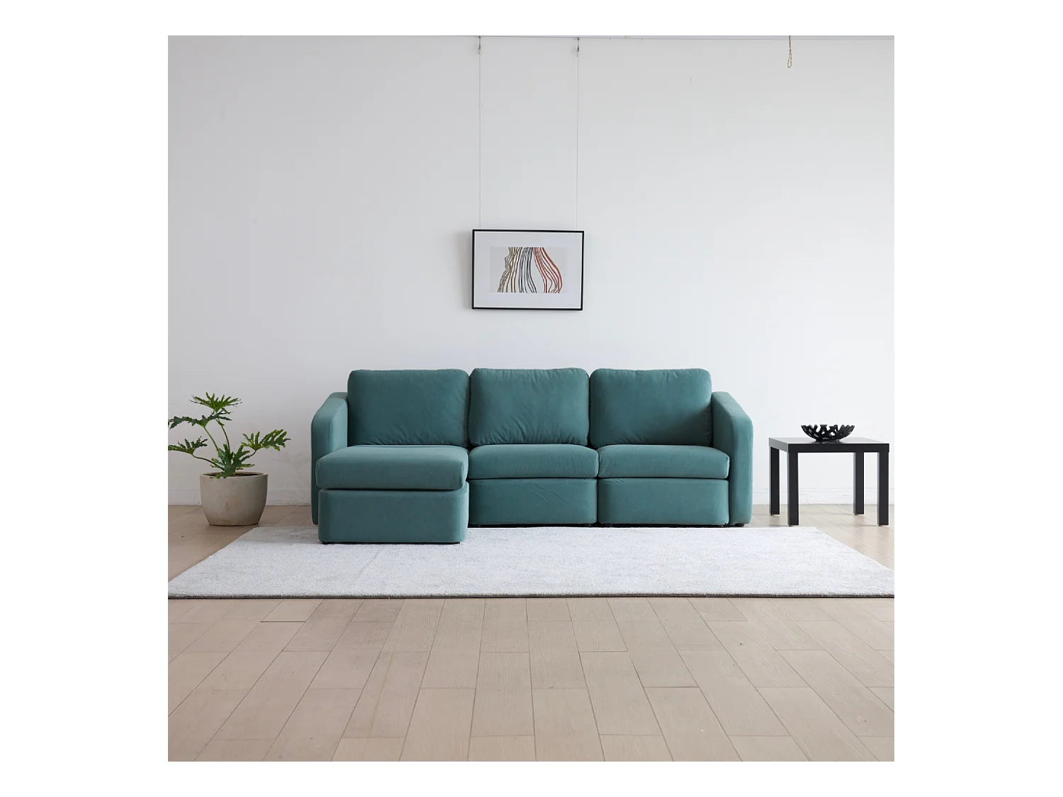 Sofá Modular de 3 Lugares Azul com Pufe - Design Equilibrado, Tecido FlexiPet, Estrutura em Madeira Maciça