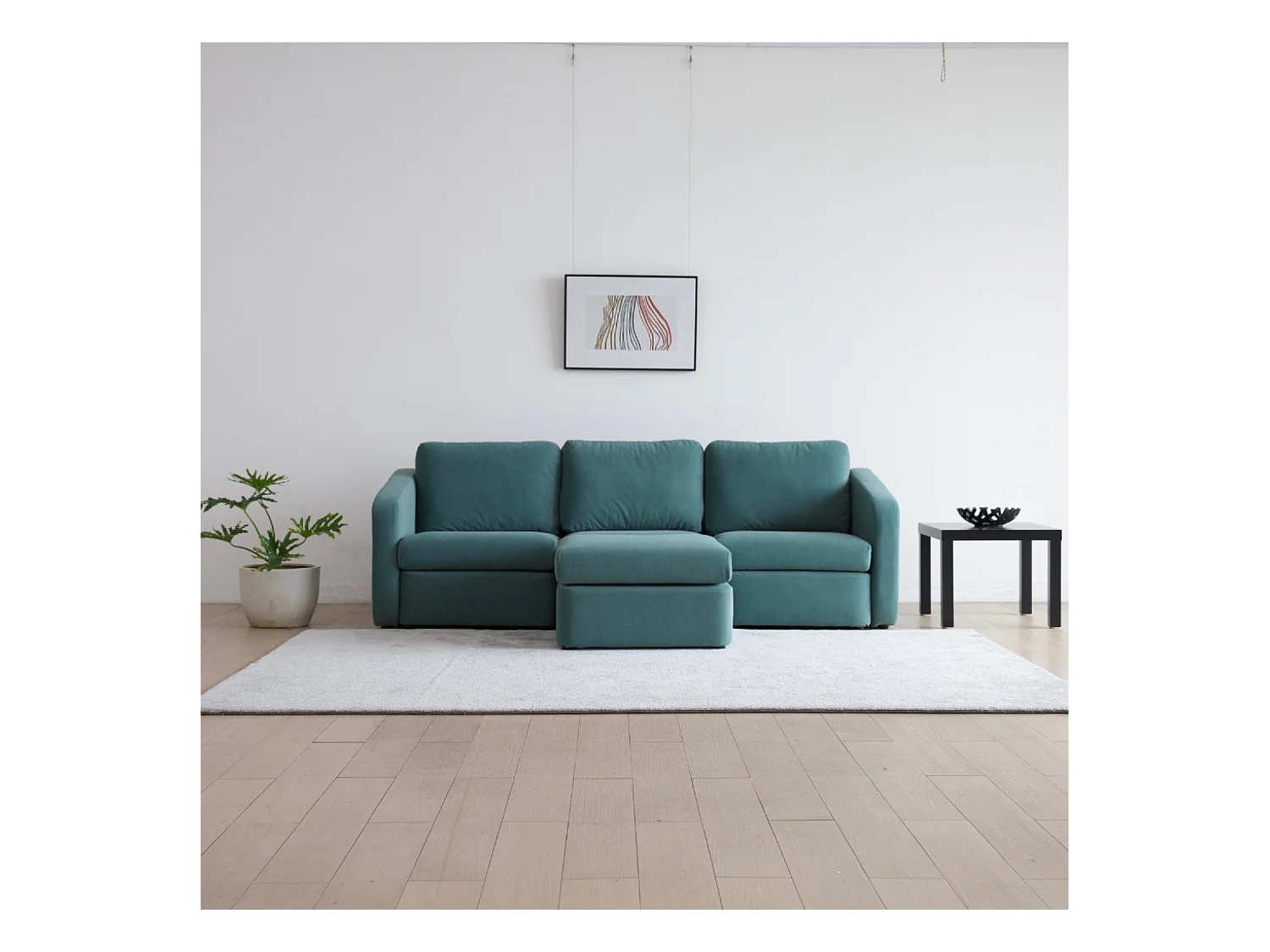 Sofá Modular de 3 Lugares Azul com Pufe - Design Equilibrado, Tecido FlexiPet, Estrutura em Madeira Maciça