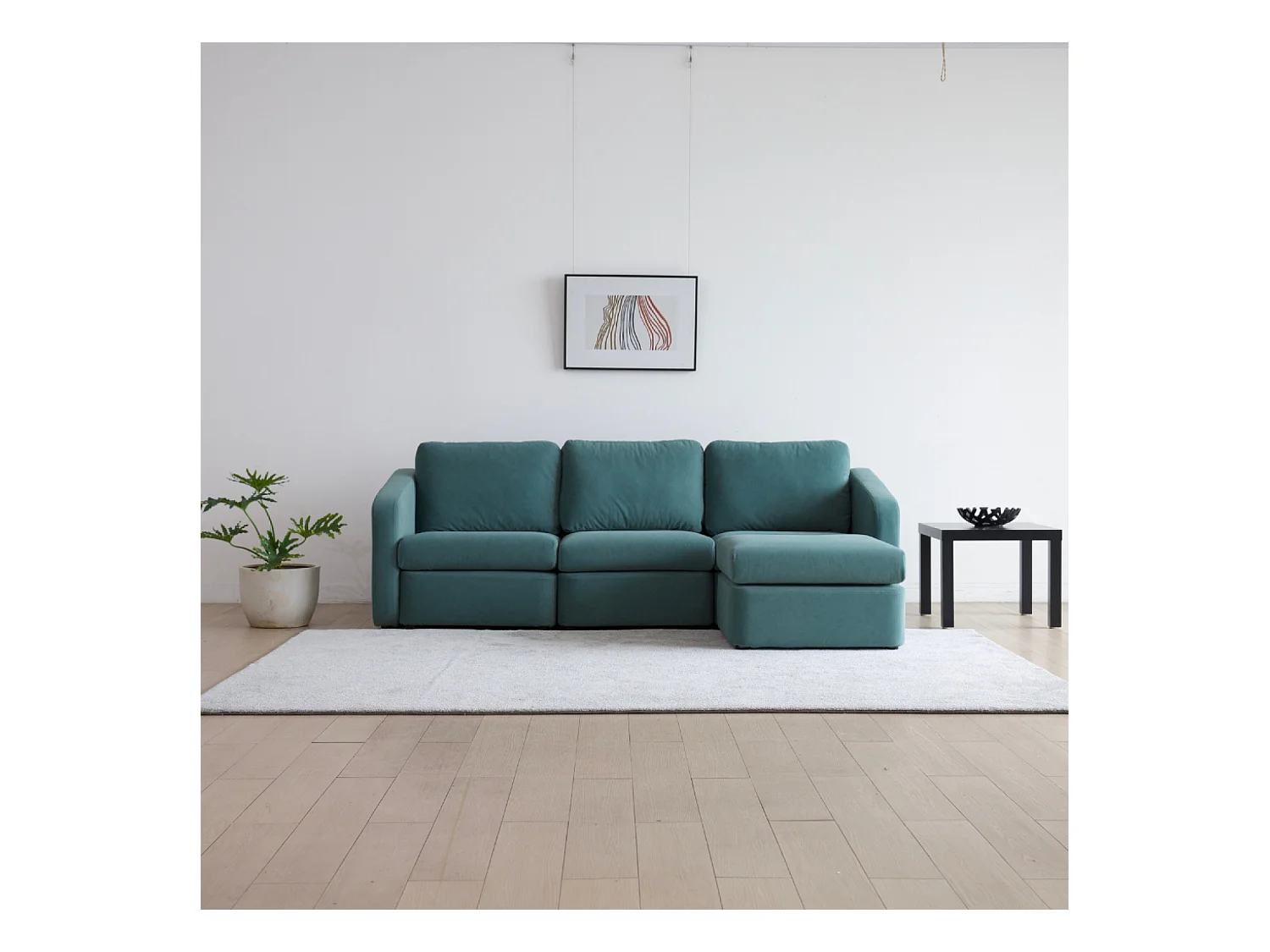 Sofá Modular de 3 Lugares Azul com Pufe - Design Equilibrado, Tecido FlexiPet, Estrutura em Madeira Maciça