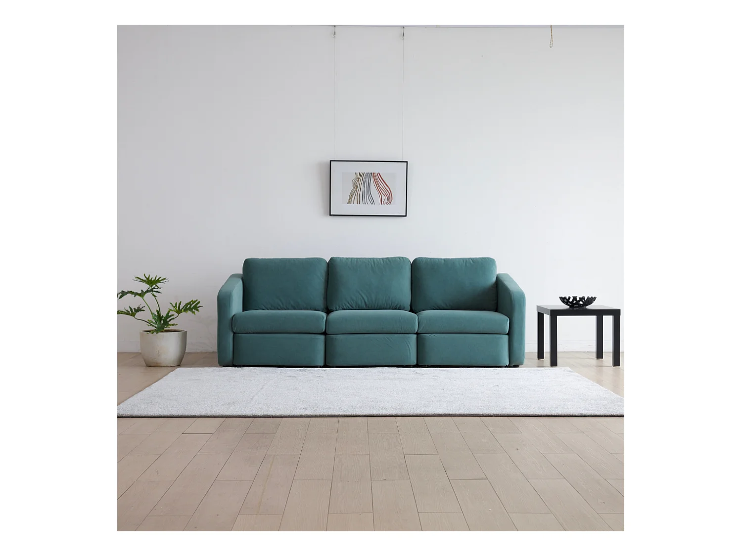 Sofá Modular de 3 Lugares Azul com Pufe - Design Equilibrado, Tecido FlexiPet, Estrutura em Madeira Maciça