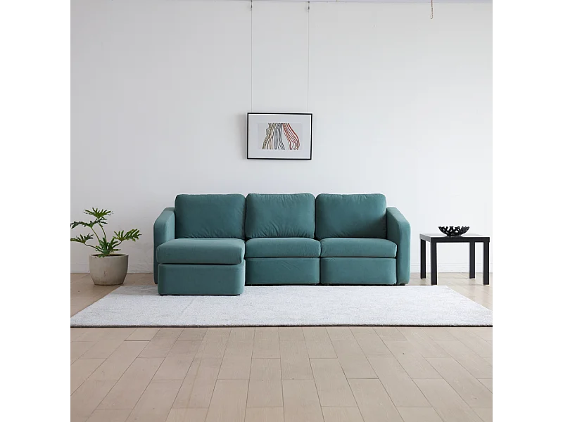 Modulares 3-Sitzer-Sofa Blau mit Hocker - Ausgewogenes Design, FlexiPet-Stoff, Massivholzstruktur