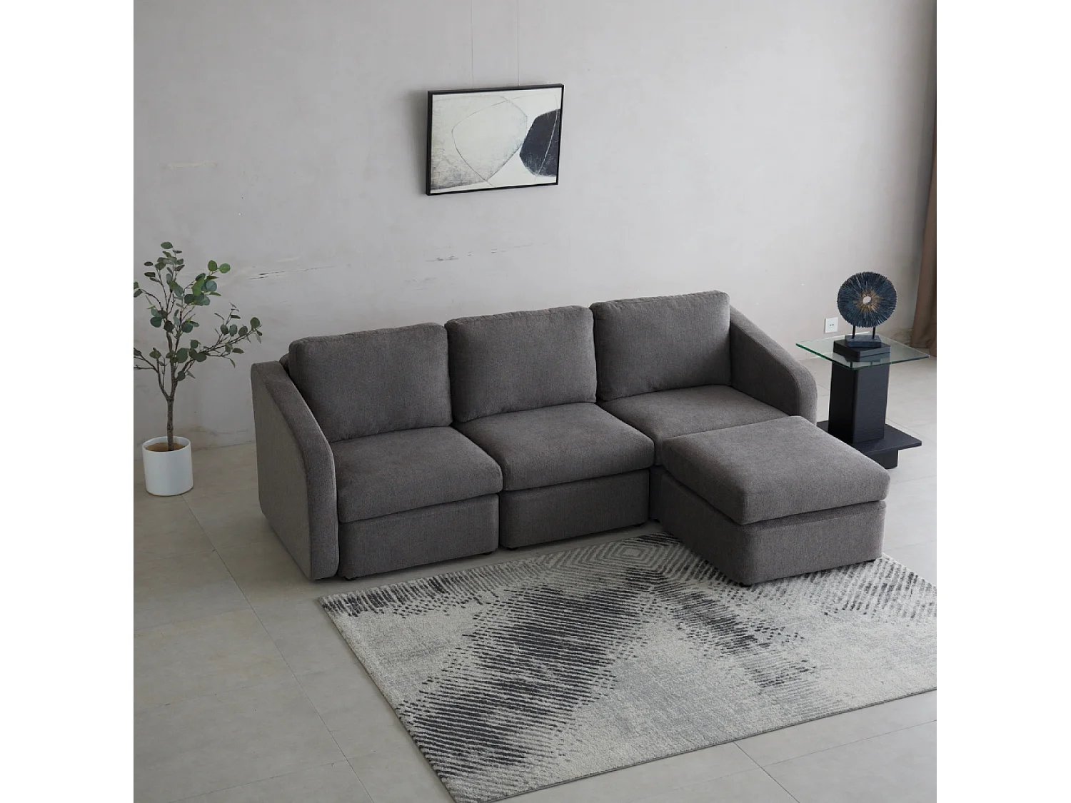 Canapé modulable 3 places gris foncé avec pouf KONEKT
