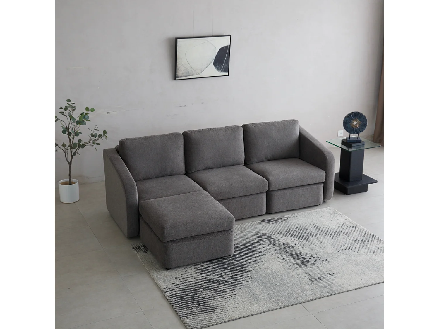 Canapé modulable 3 places gris foncé avec pouf KONEKT