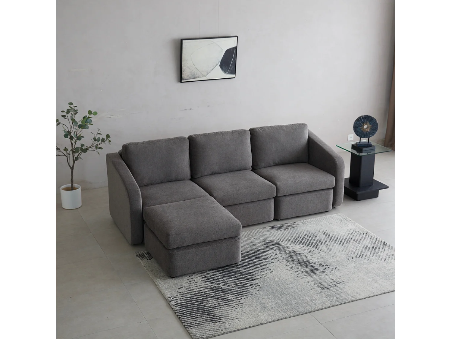 Canapé modulable 3 places gris foncé avec pouf KONEKT
