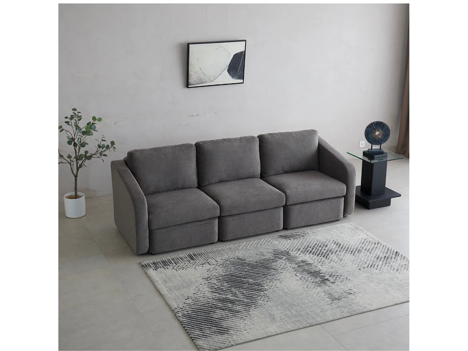 Canapé modulable 3 places gris foncé avec pouf KONEKT
