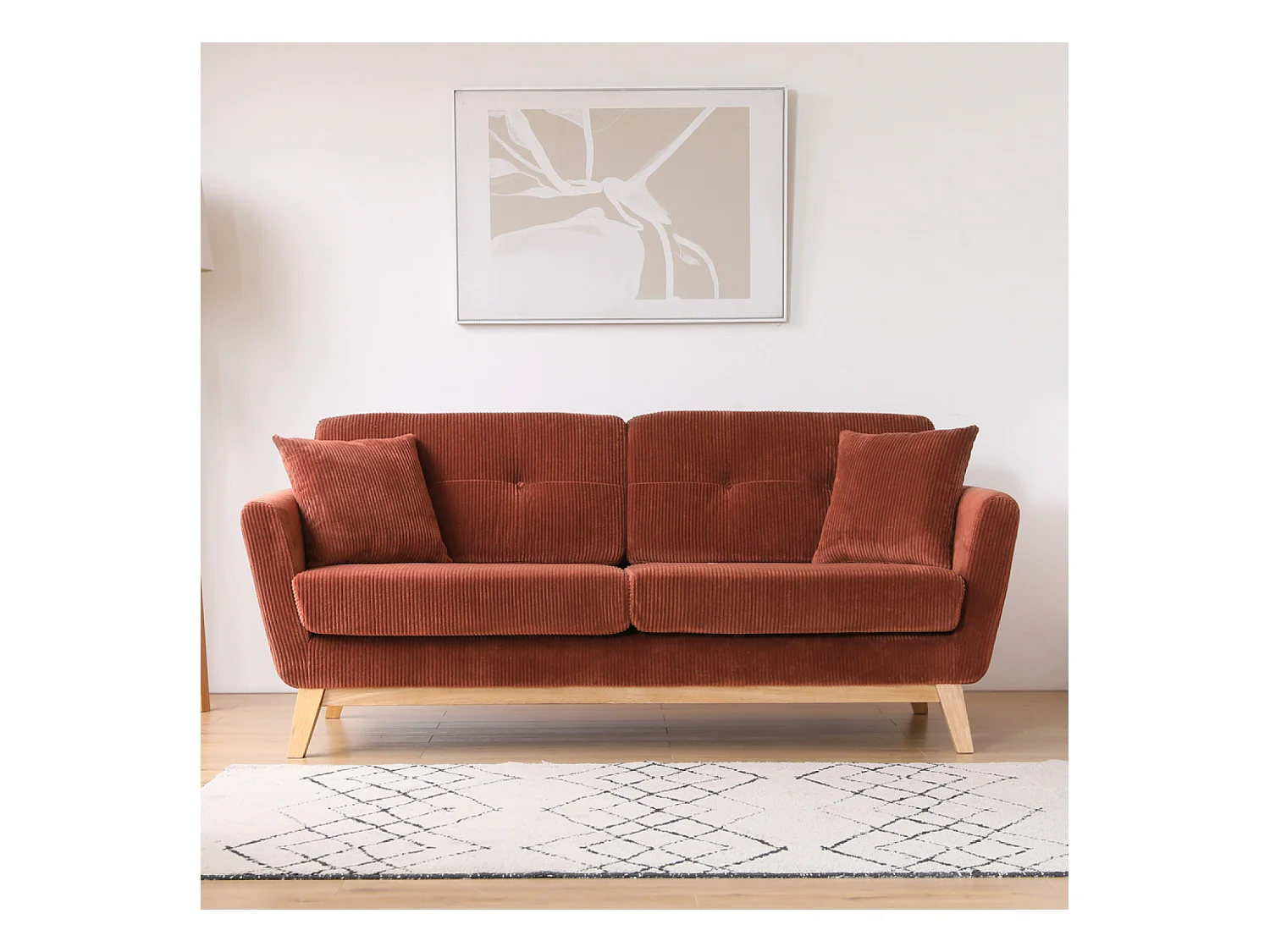 Skandinavisches 3-Sitzer Samt-Cord-Sofa Terrakotta - Warm nordischer Stil