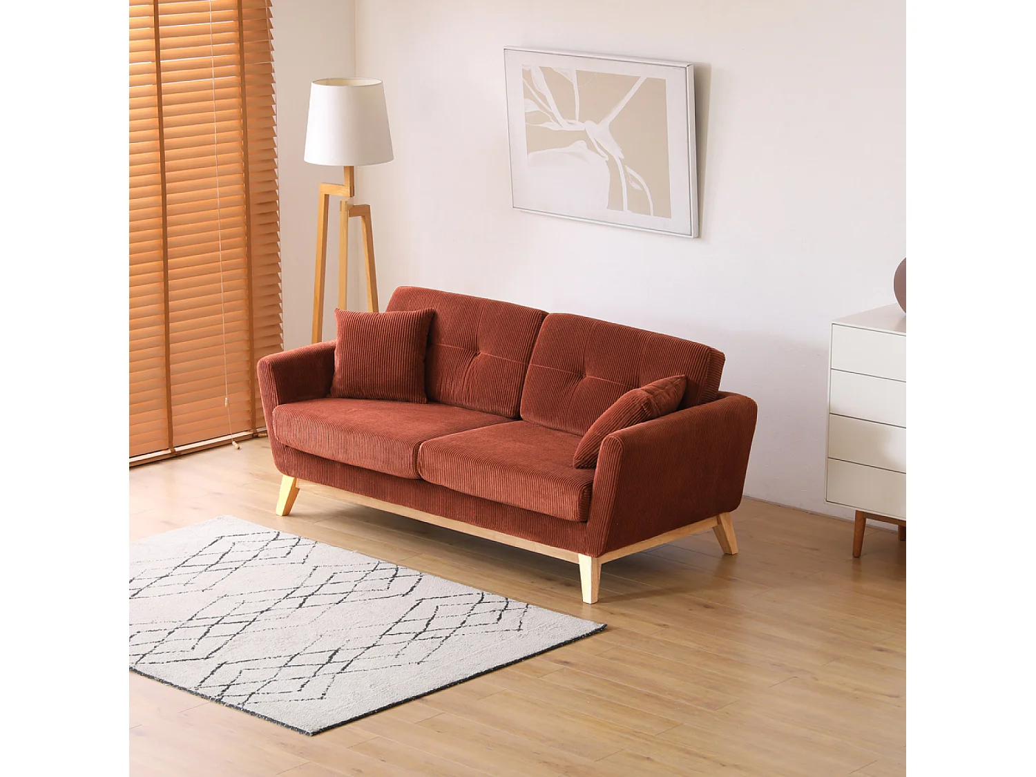 Canapé 3 places scandinave en velours côtelé terracotta HOGA