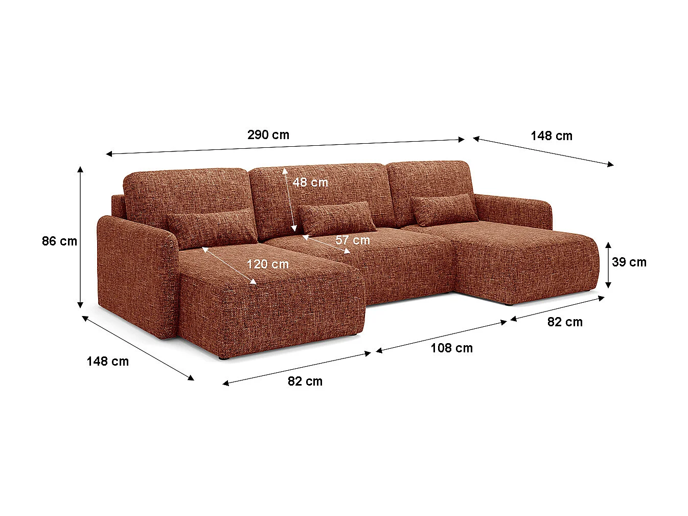Canapé U convertible 4 places avec coffre Lazare Terracotta