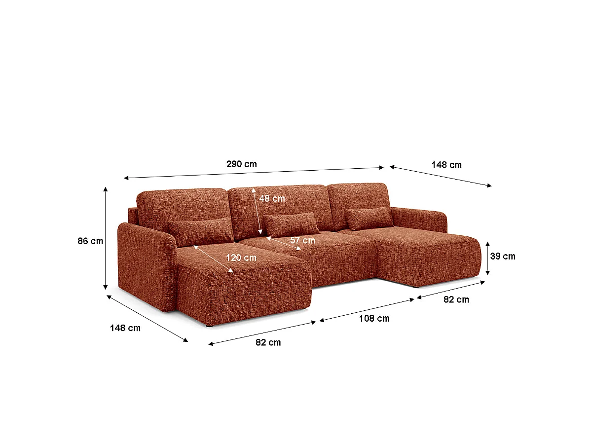 Canapé convertible 4 places avec coffre en tissu terracotta