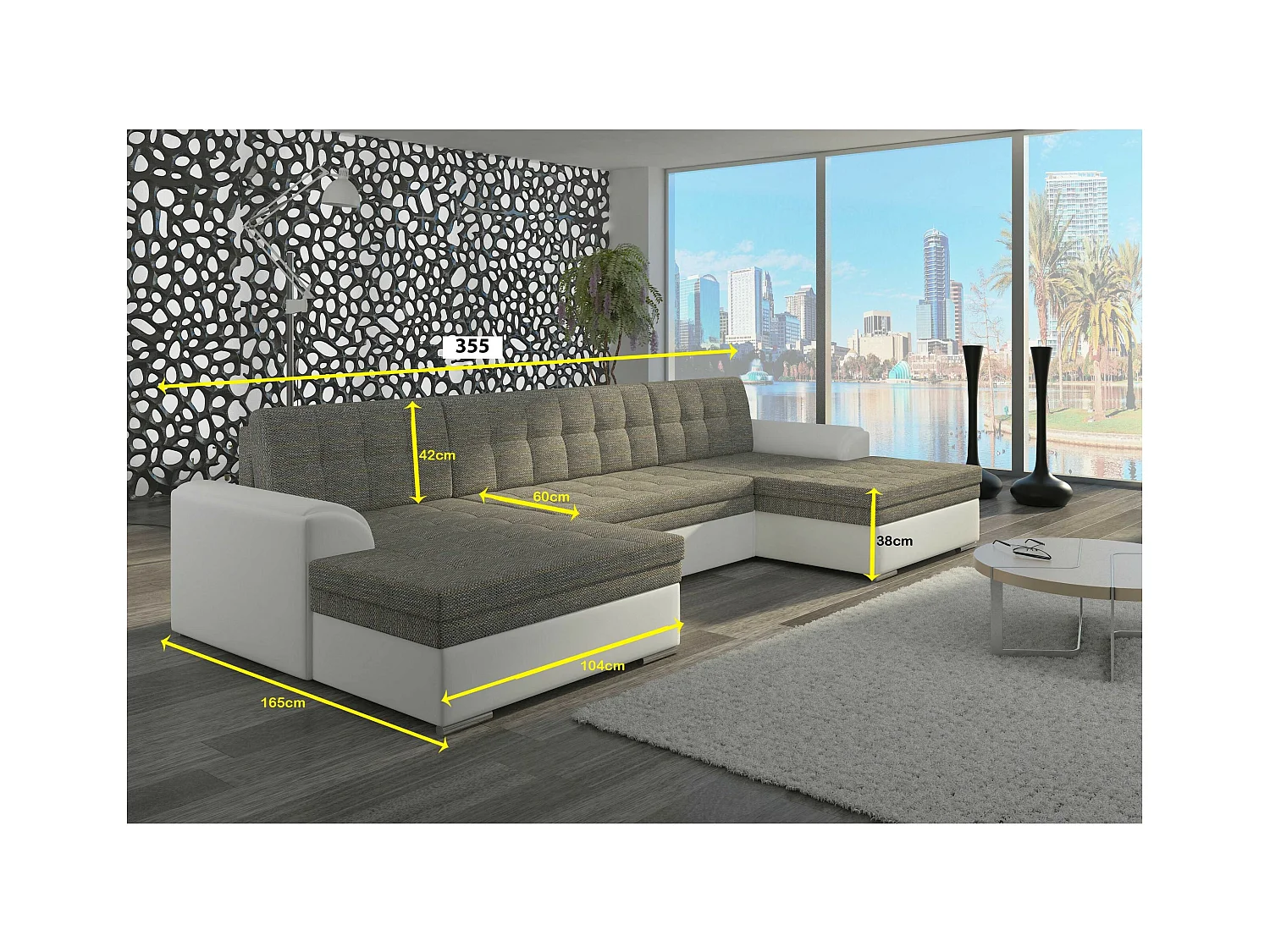 Canapé Corner Grande-U/revêtement tissu/Blanc