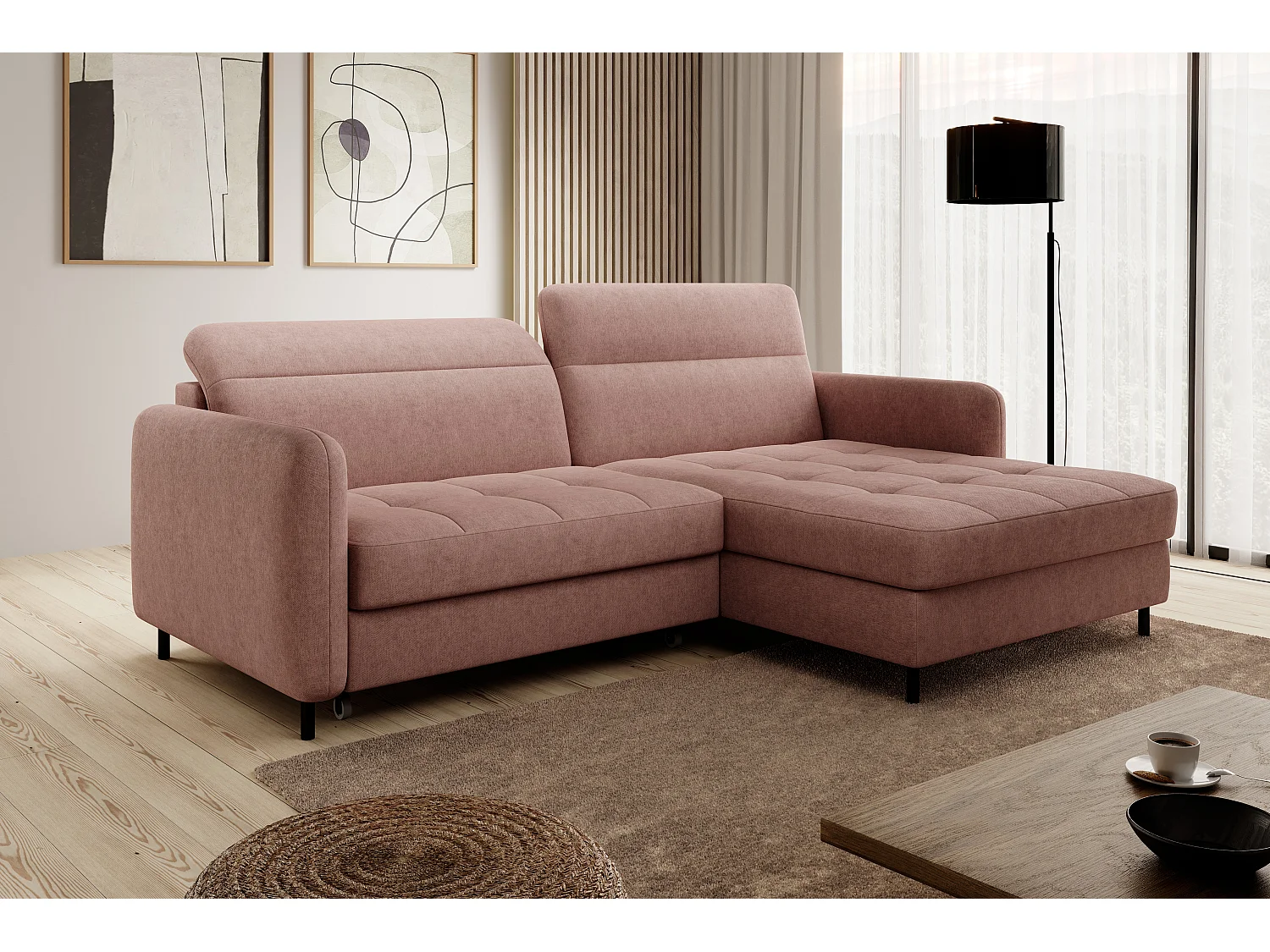 Divano d'angolo Tippo R/rivestimento in tessut/Rosa