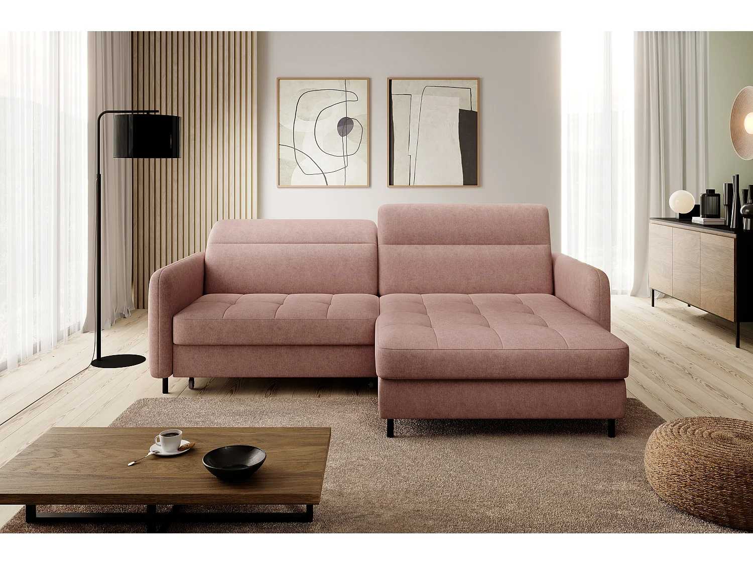 Divano d'angolo Tippo R/rivestimento in tessut/Rosa