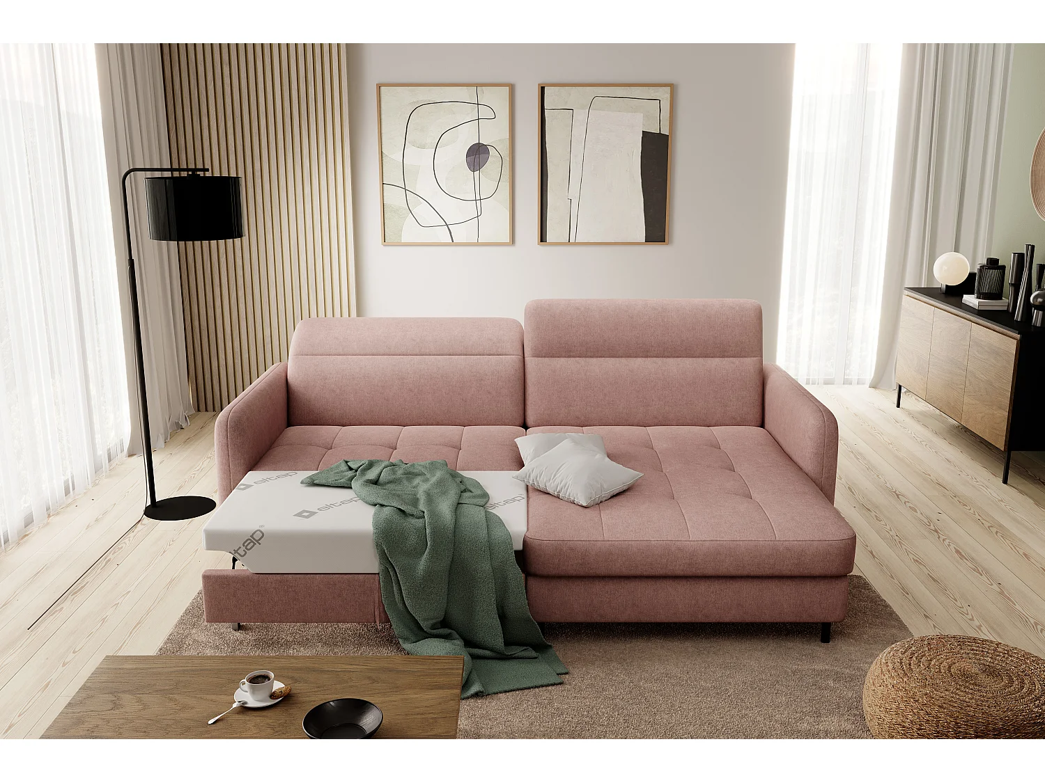 Divano d'angolo Tippo R/rivestimento in tessut/Rosa