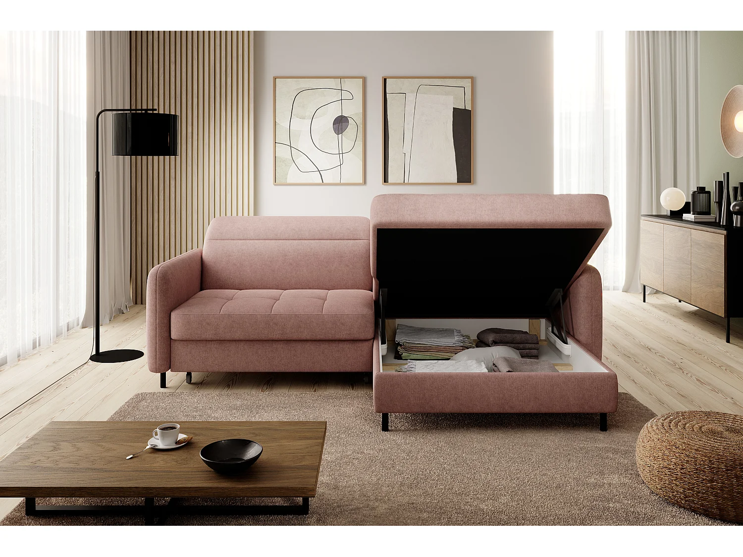 Divano d'angolo Tippo R/rivestimento in tessut/Rosa