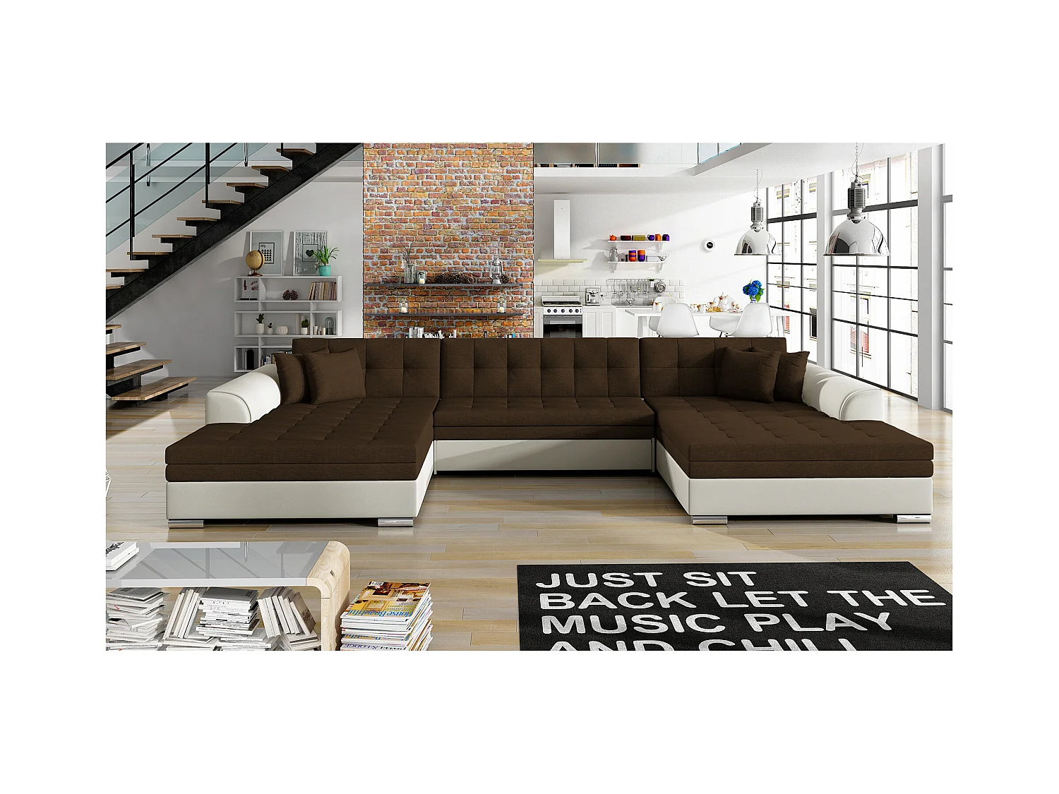 Canapé Corner Grande-U/revêtement tissu/Marron&Beige