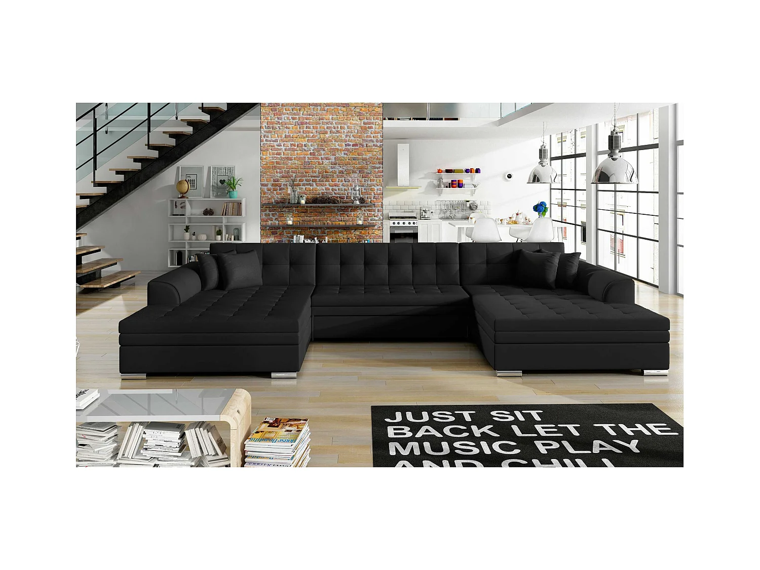 Divano d'angolo Grande-U/rivestimento in tessut/Nero