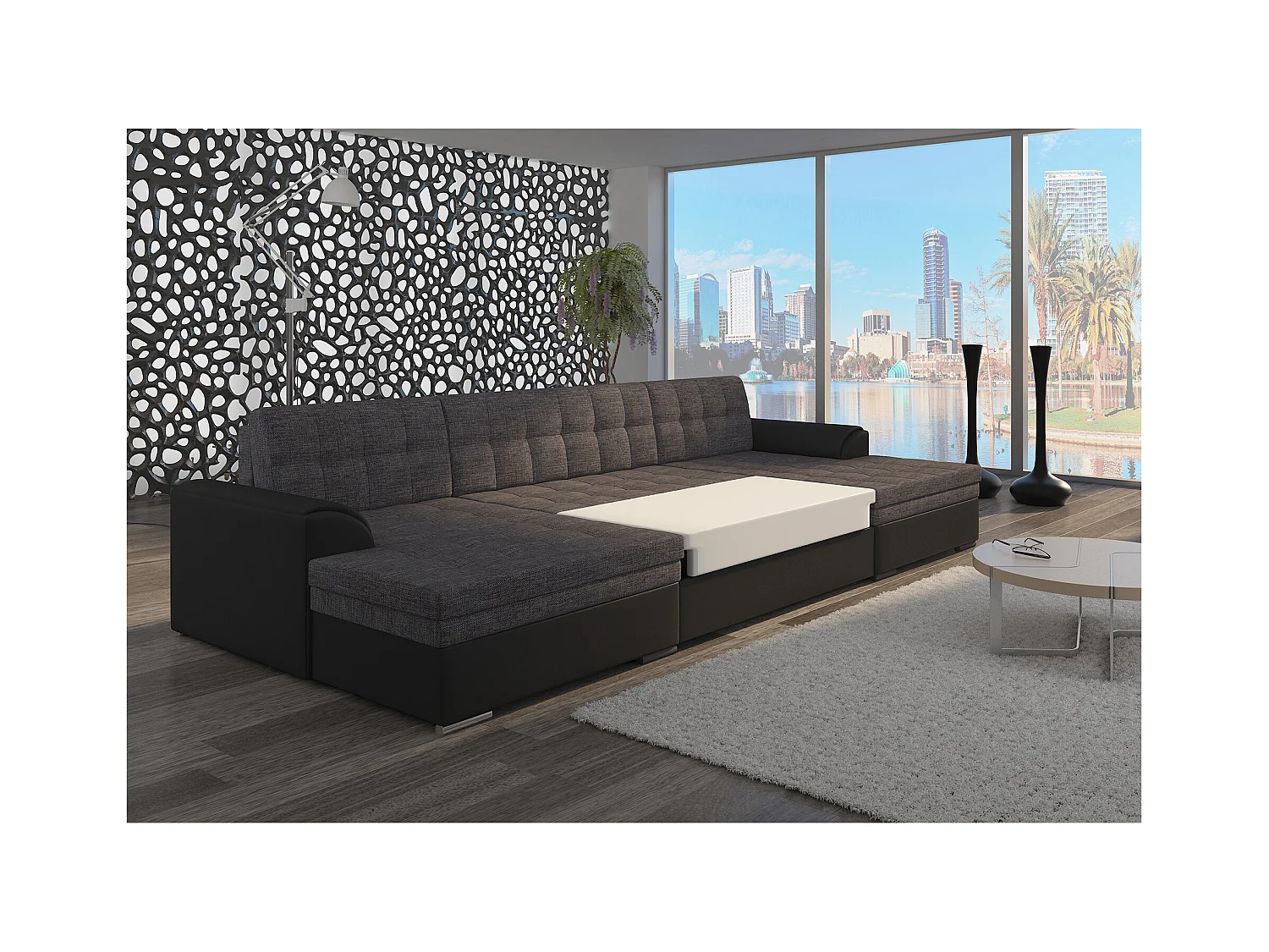 Divano d'angolo Grande-U/rivestimento in tessut/Nero