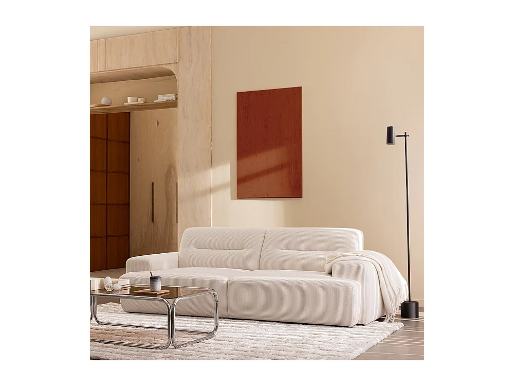 Stune - Canapé droit 4 places en velours côtelé à accoudoirs larges - Écru