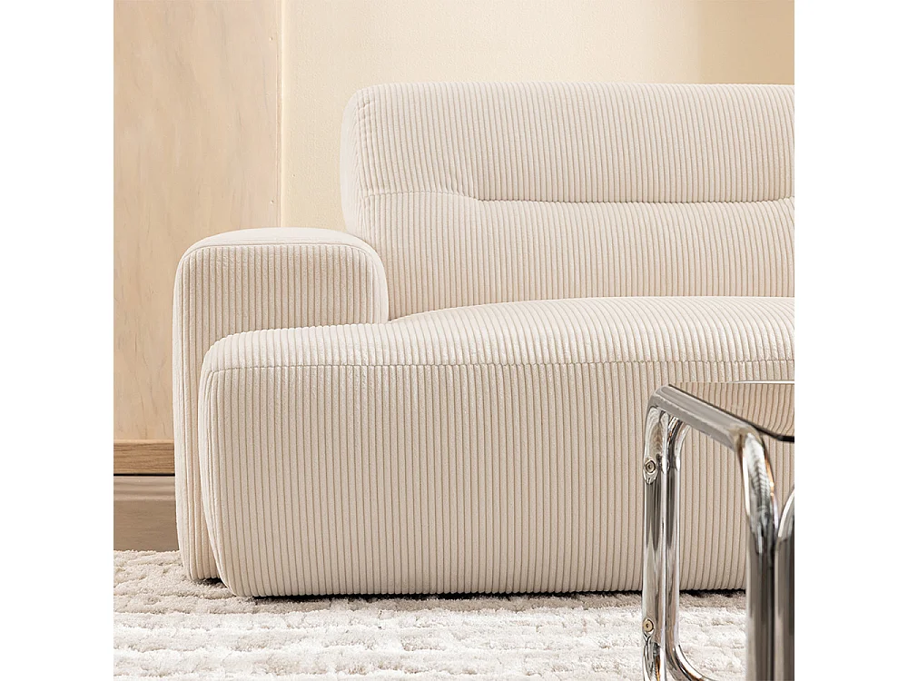Stune - Canapé droit 4 places en velours côtelé à accoudoirs larges - Écru