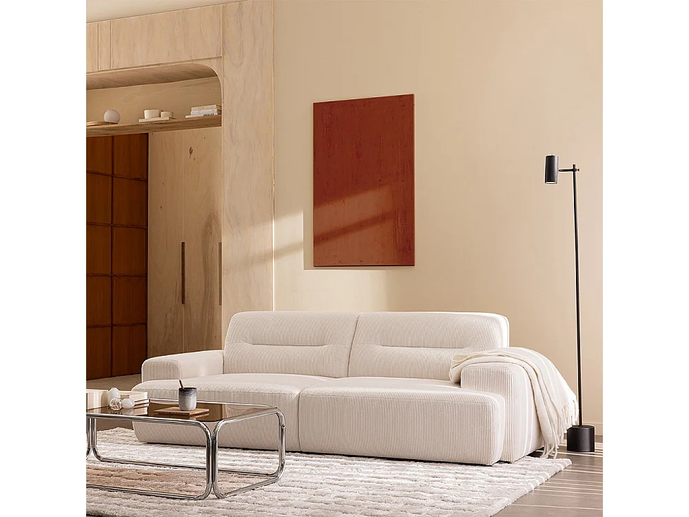 Stune - Canapé droit 4 places en velours côtelé à accoudoirs larges - Écru