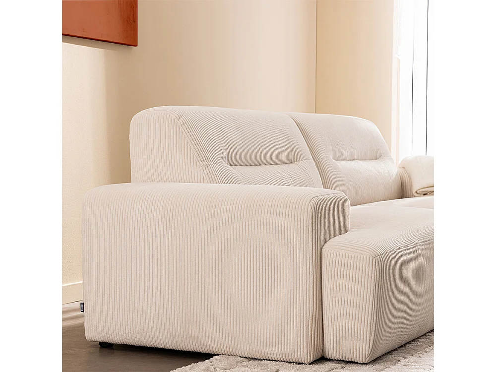 Stune - Canapé droit 4 places en velours côtelé à accoudoirs larges - Écru