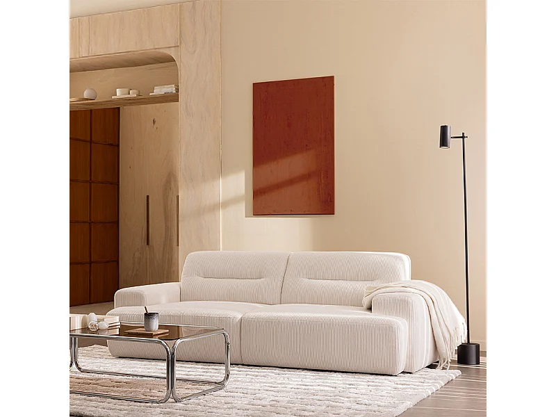 Stune - Canapé droit 4 places en velours côtelé à accoudoirs larges - Écru