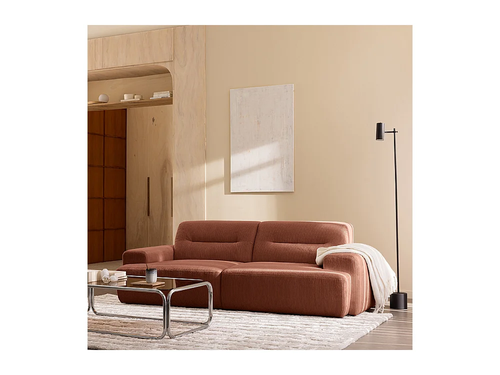 Stune - Canapé droit 4 places en velours côtelé à accoudoirs larges - Terracotta