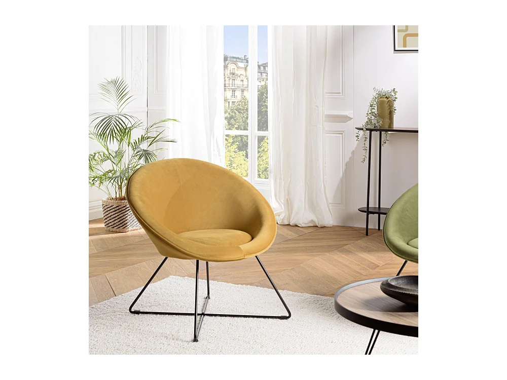 AGATHE - Fauteuil tissu velours jaune moutarde pieds croisés métal noir