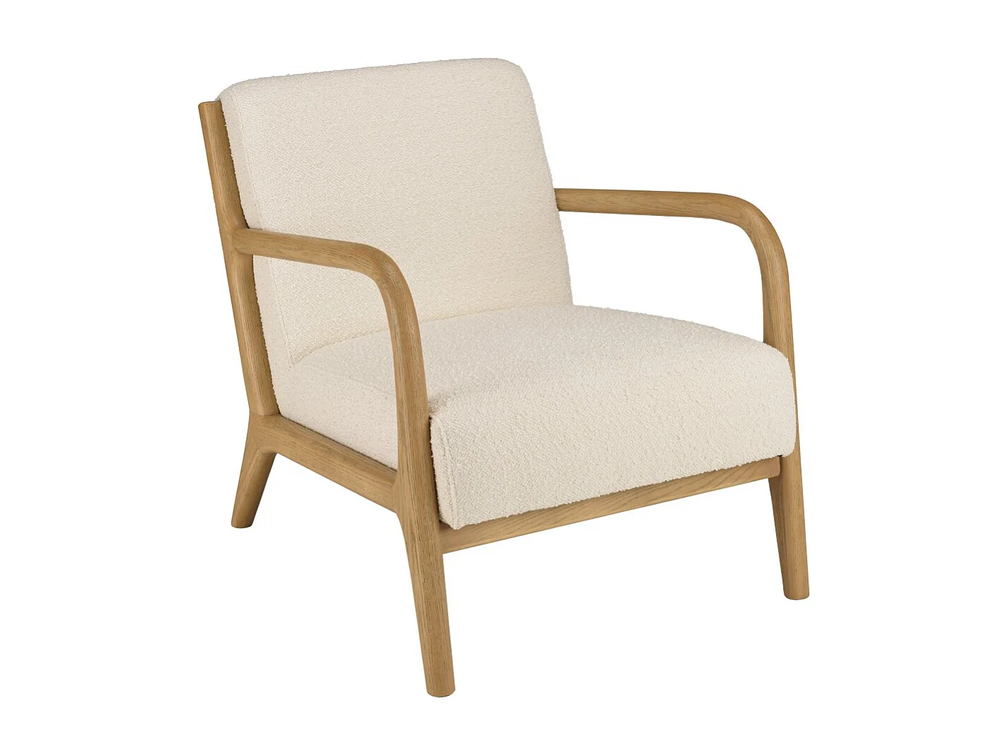 PIERRE - Fauteuil bas tissu bouclette blanc et accoudoirs bois