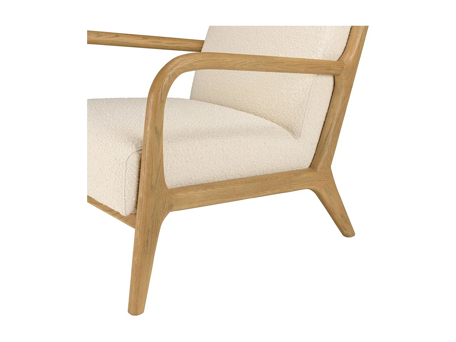 PIERRE - Fauteuil bas tissu bouclette blanc et accoudoirs bois