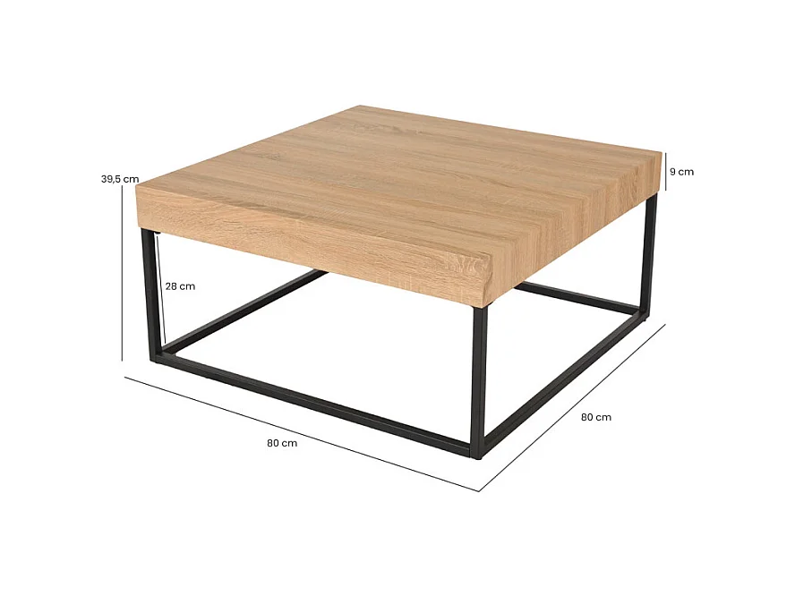 Table basse carrée 80 x 80 cm décor chêne et pieds métal – BILLIE